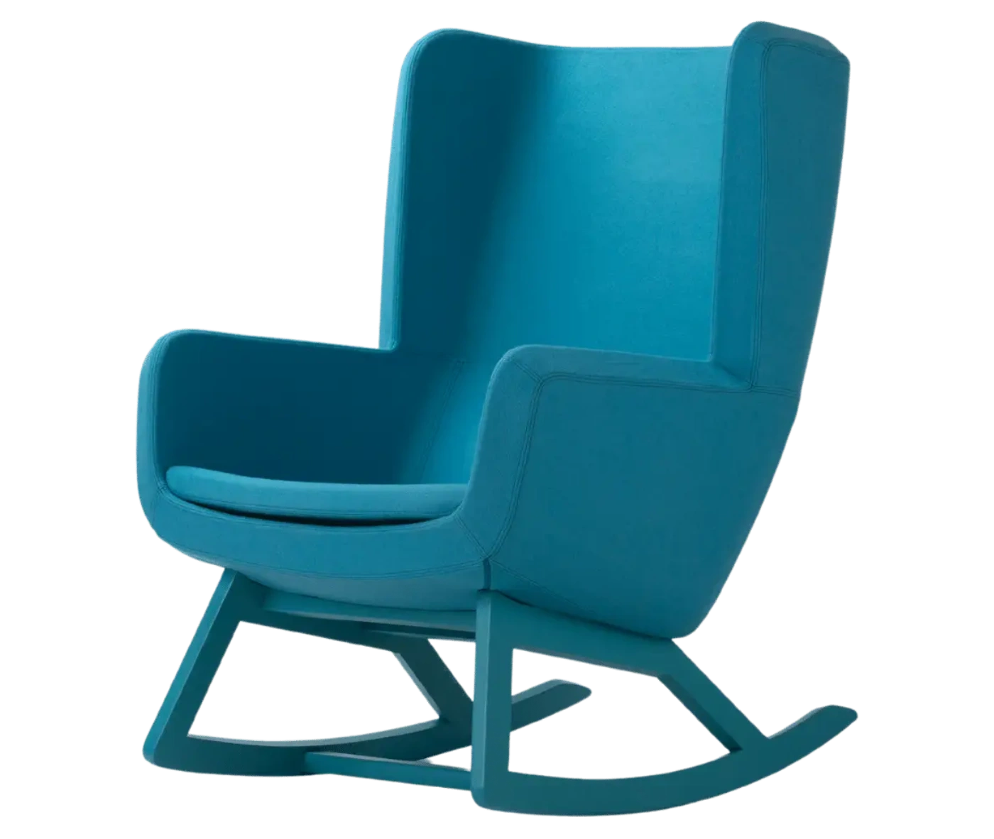 True Arca high-back chair, front-left view with a high teal blue wraparound shell, seat pad, and wooden rocking base.
