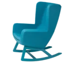 True Arca high-back chair, angled front view with a high teal blue wraparound shell, seat pad, and wooden rocking base.