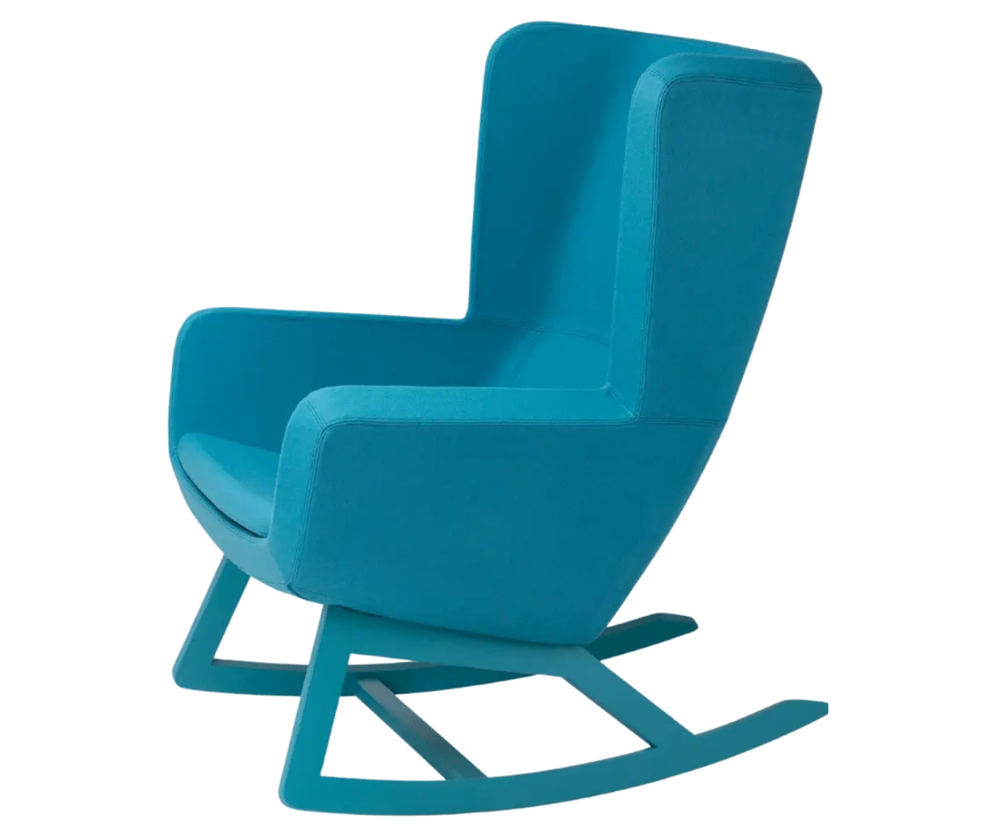 True Arca high-back chair, angled front view with a high teal blue wraparound shell, seat pad, and wooden rocking base.