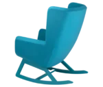 True Arca high-back chair, angled back view with a high teal blue wraparound shell, seat pad, and wooden rocking base.