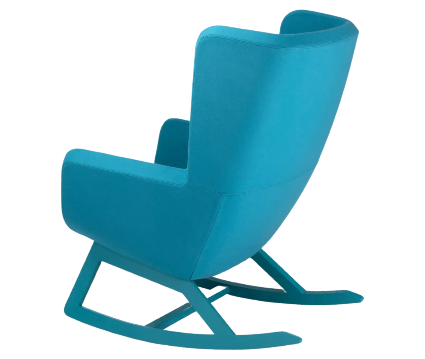 True Arca high-back chair, angled back view with a high teal blue wraparound shell, seat pad, and wooden rocking base.
