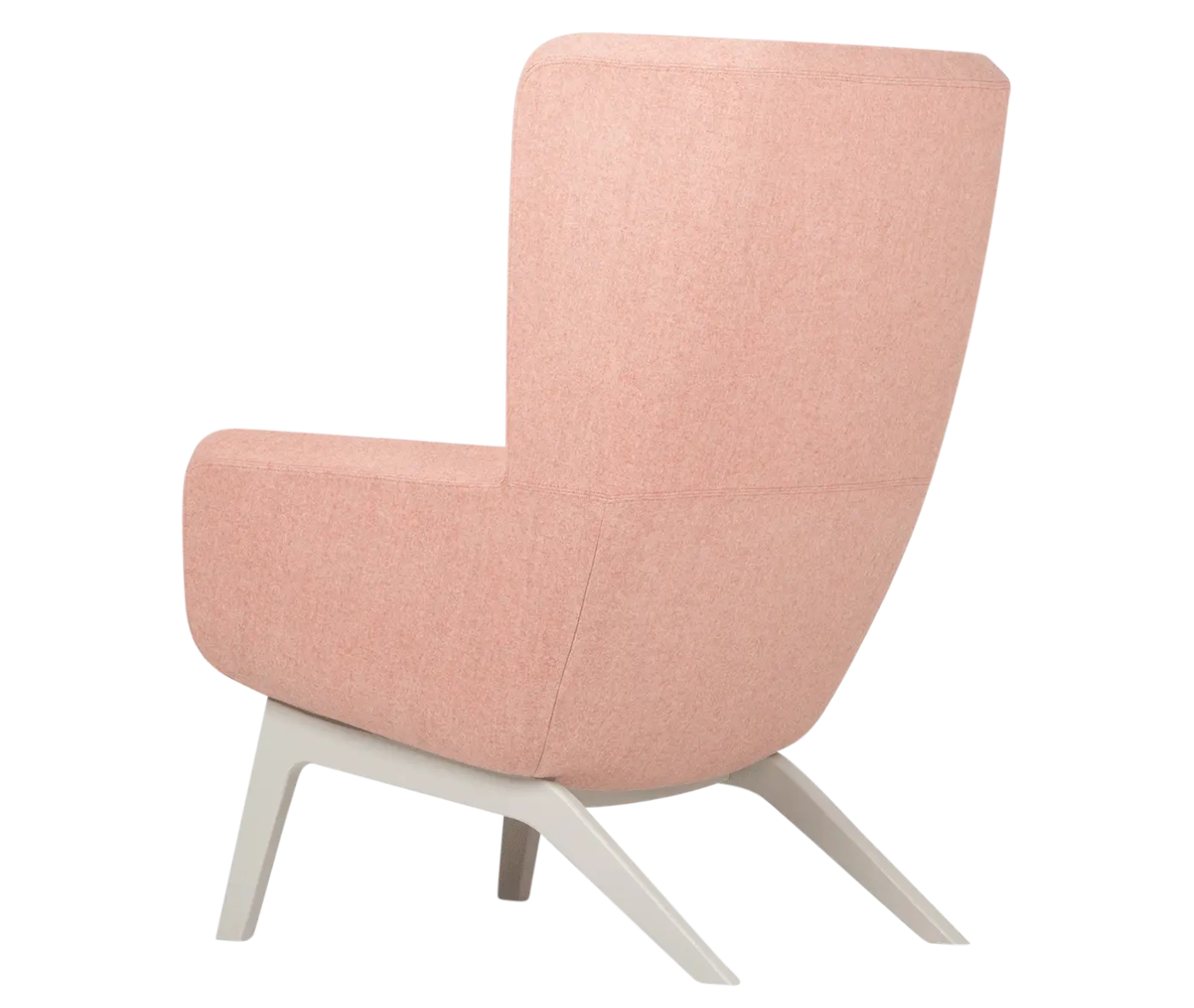 True Arca high-back chair, back view with high light pink upholstered shell, seat pad, and timber legs.