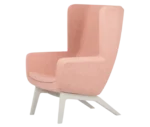 True Arca high-back chair, front-left view with high light pink upholstered shell, seat pad, and timber legs.