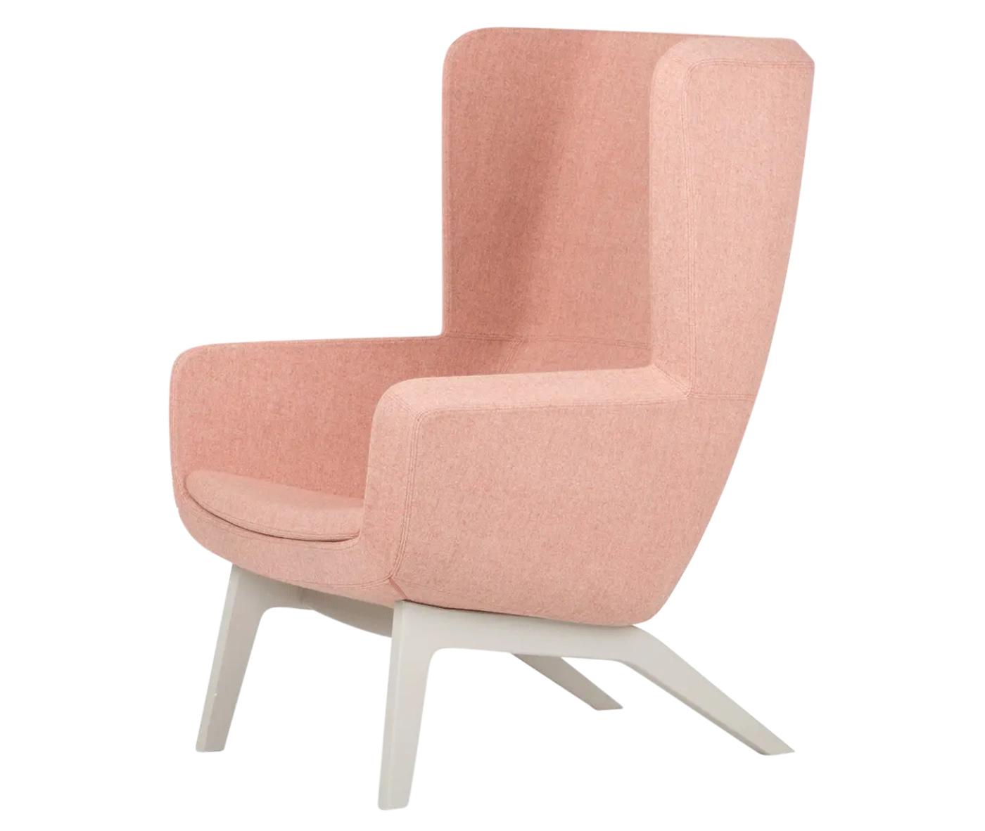 True Arca high-back chair, front-left view with high light pink upholstered shell, seat pad, and timber legs.