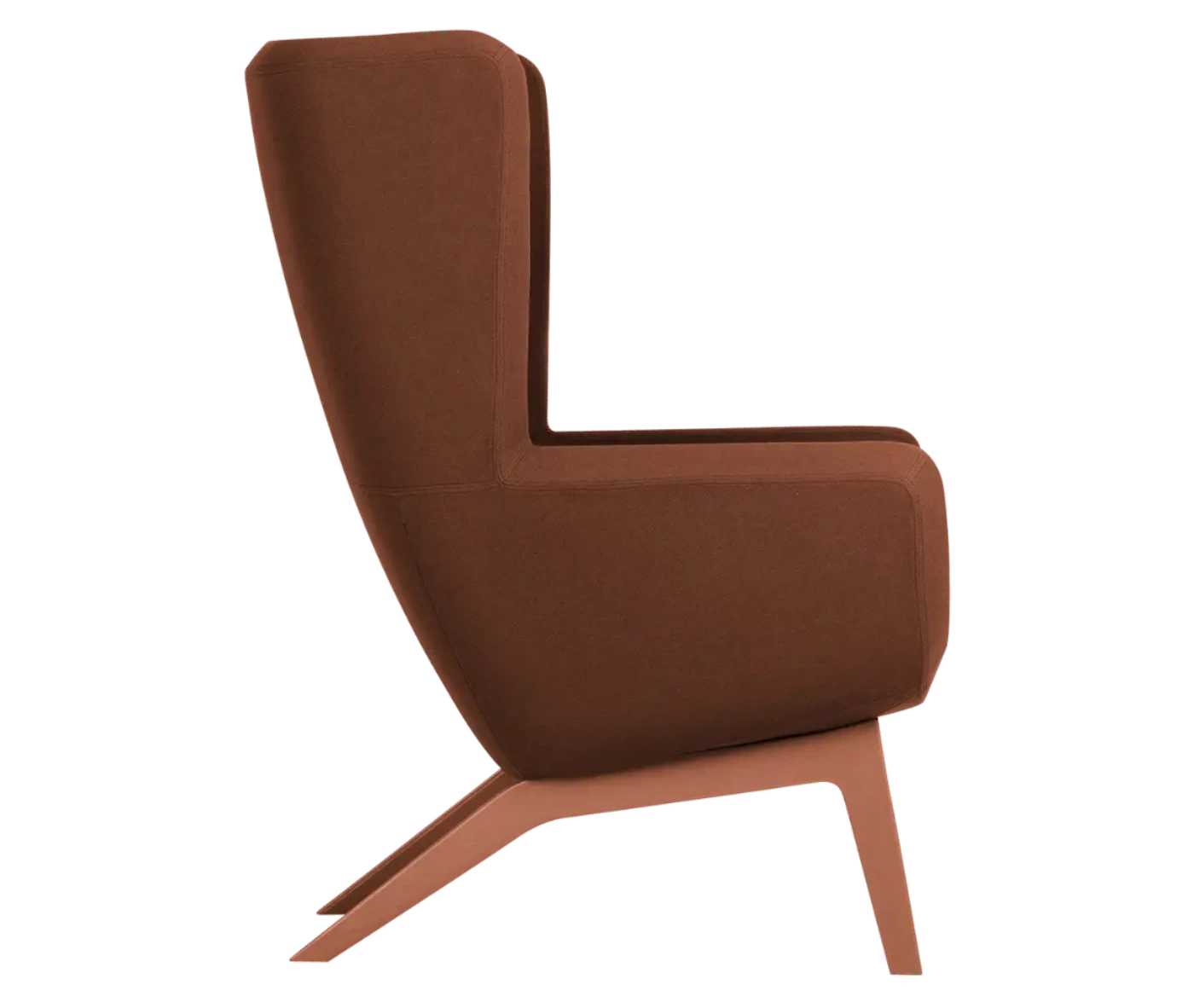 True Arca high-back chair, right-side view with high brown upholstered shell, seat pad, and timber legs.