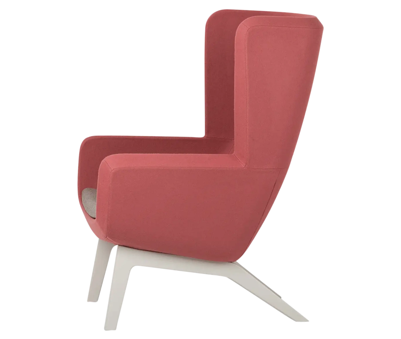 True Arca high-back chair, left-side view with high pink upholstered shell, seat pad, and timber legs.