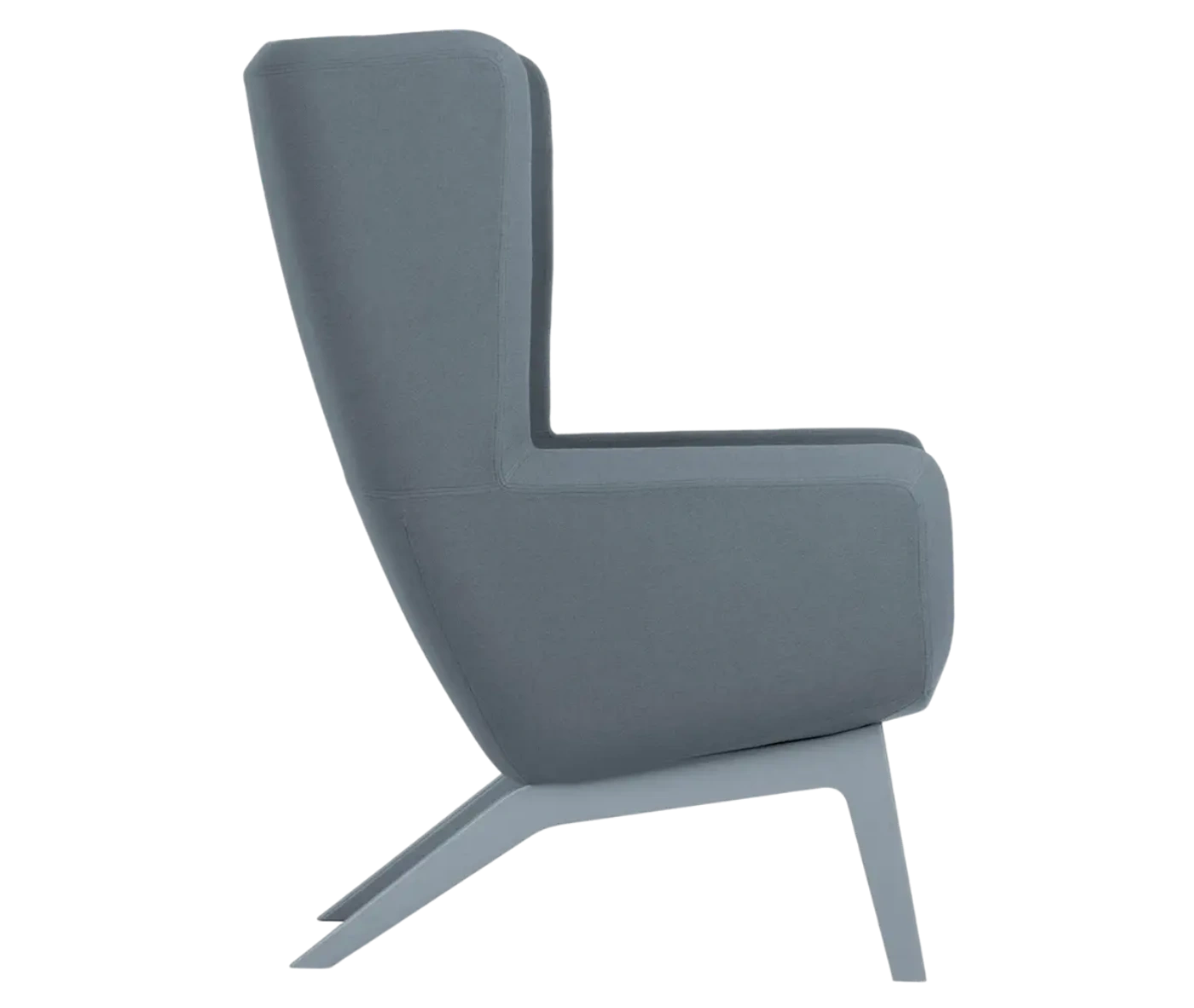 True Arca high-back chair, right-side view with high grey upholstered shell, seat pad, and timber legs.