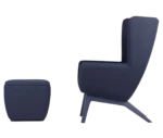 True Arca high-back chair, side view with high dark blue upholstered shell, timber legs, and matching ottoman.