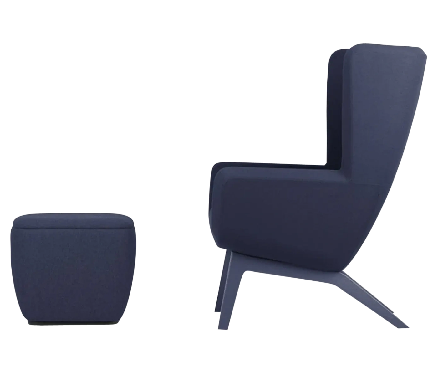 True Arca high-back chair, side view with high dark blue upholstered shell, timber legs, and matching ottoman.