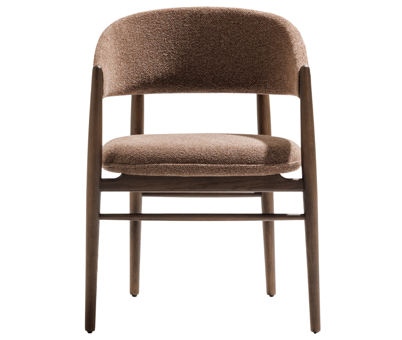 True Aura lounge chair in front view, with dark timber frame and upholstered seat and backrest.