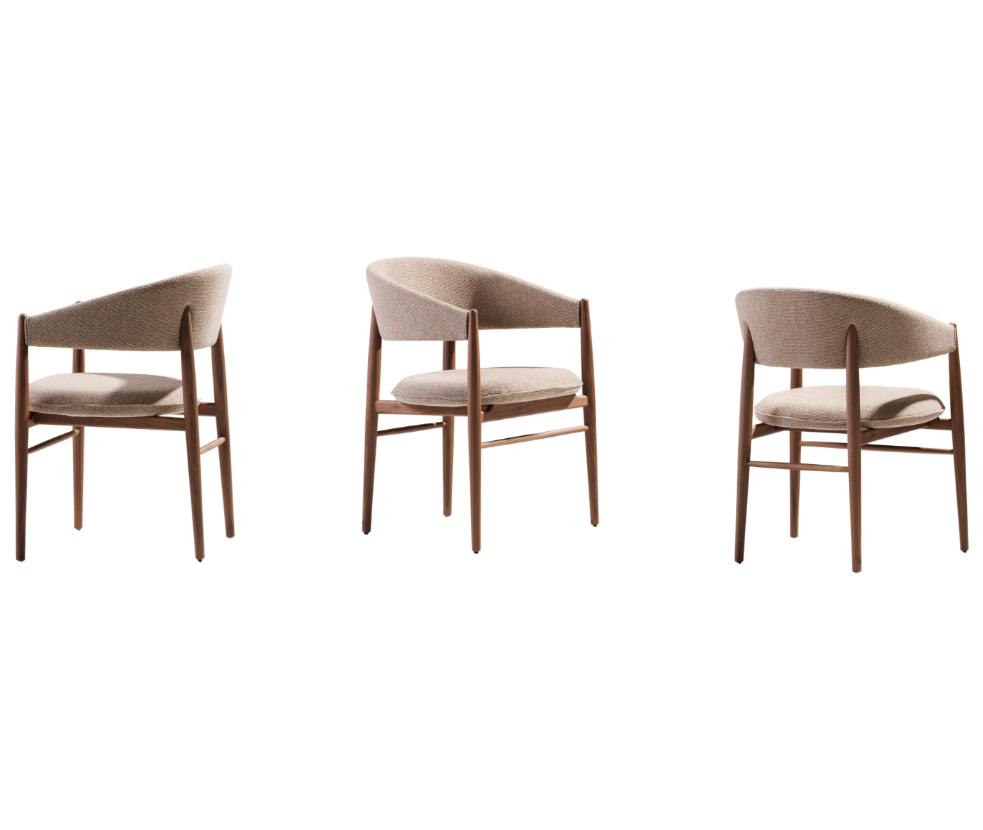 True Aura lounge chair shown in front, side, and back views with upholstered backrest and timber frame.