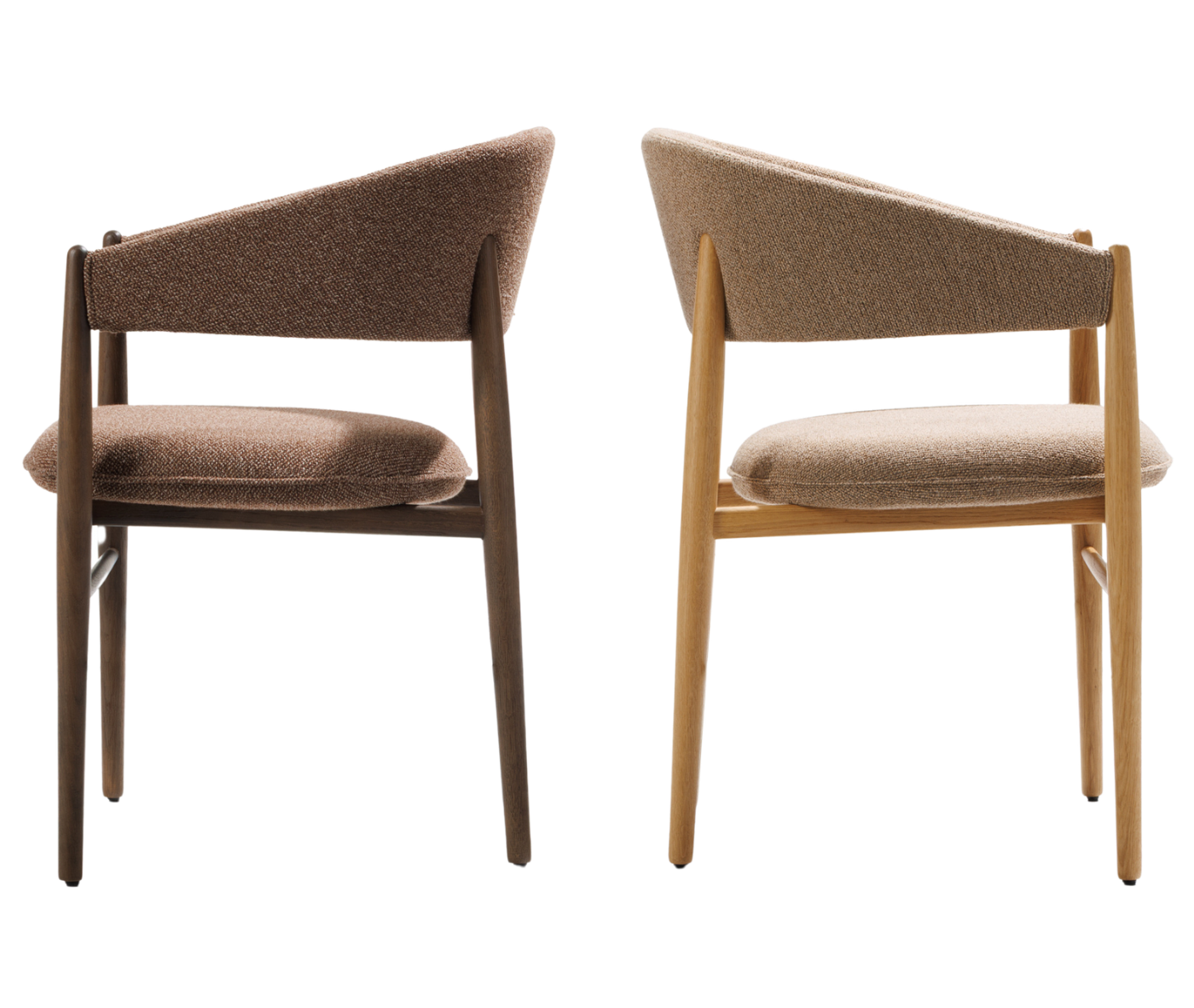 True Aura lounge chairs back-to-back with timber frames and upholstered seats and backrests.