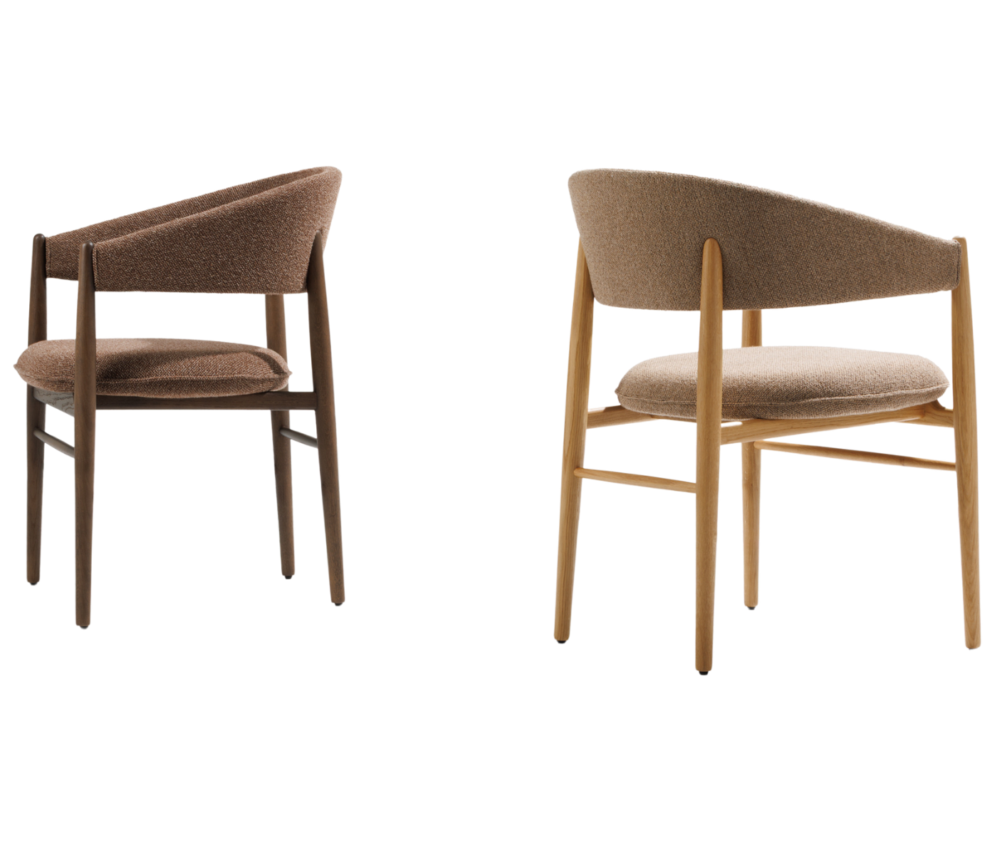True Aura lounge chairs light and dark timber frames, upholstered seats and backrests.