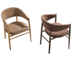 True Aura lounge chairs in elevated view, timber frames and upholstered seats and backrests.
