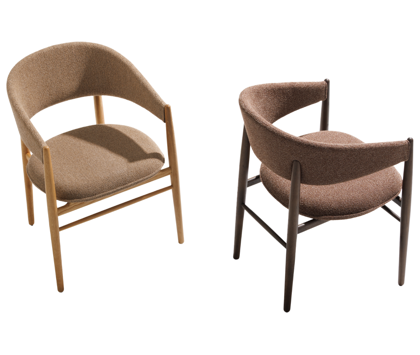 True Aura lounge chairs in elevated view, timber frames and upholstered seats and backrests.
