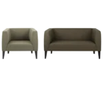 True Biblis lounge chair and sofa, front view with upholstery boxy body and metal legs.