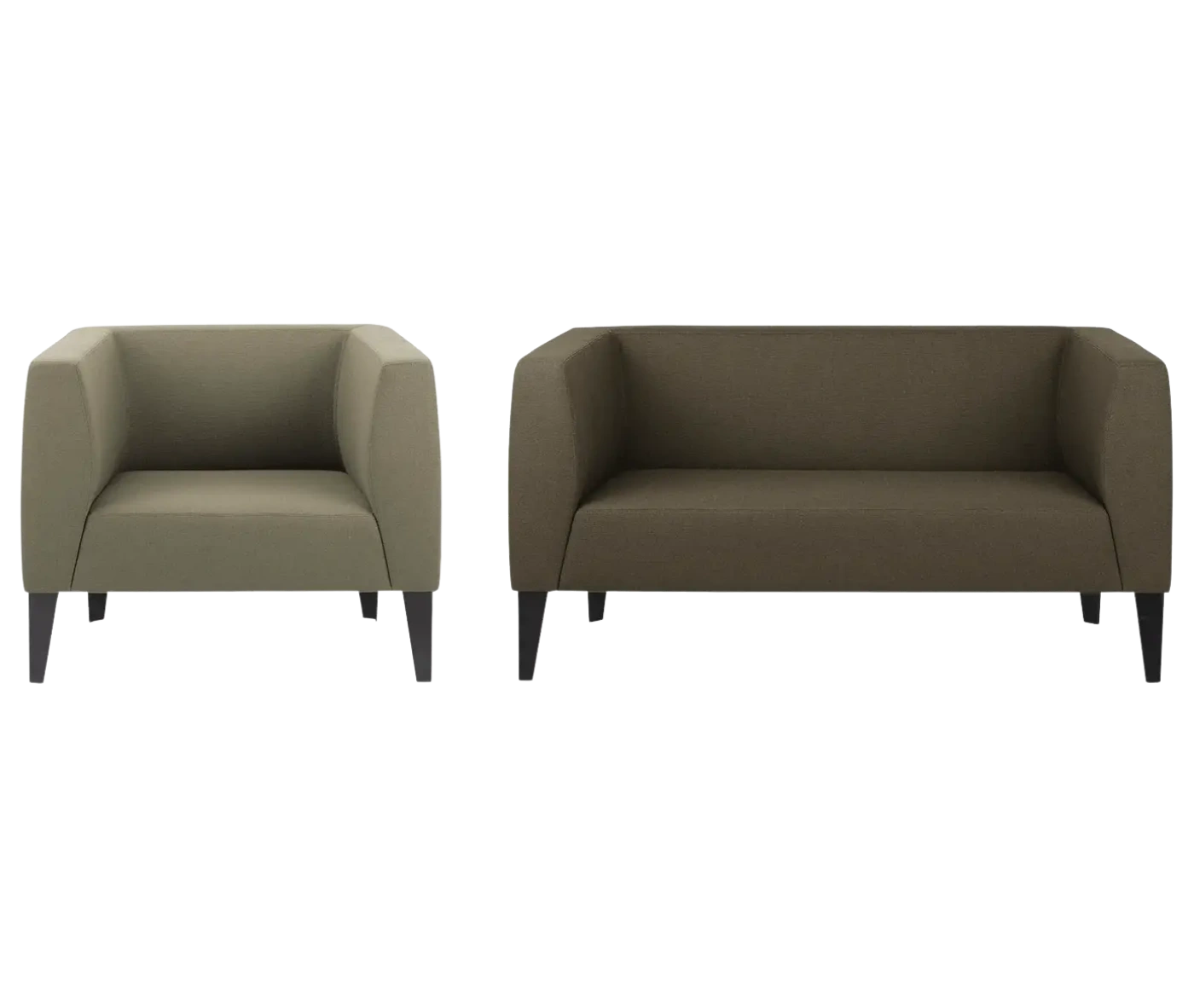 True Biblis lounge chair and sofa, front view with upholstery boxy body and metal legs.