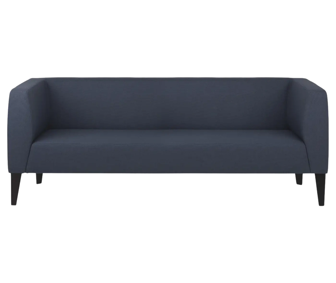 True Biblis BB3 wide sofa, front view with dark blue upholstery and metal legs.