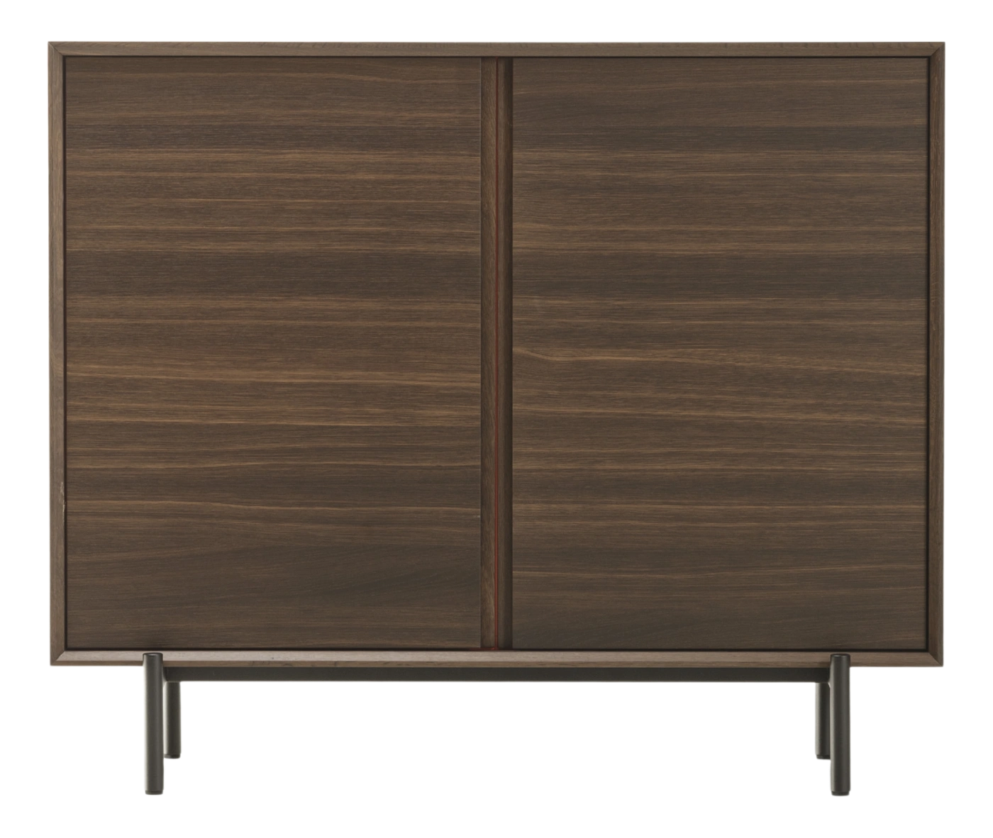 True Blade cupboard, front view with dark timber finish and slim metal legs.