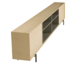 True Blade low storage cabinet, side view with light timber frame, open shelving, and slim metal legs.