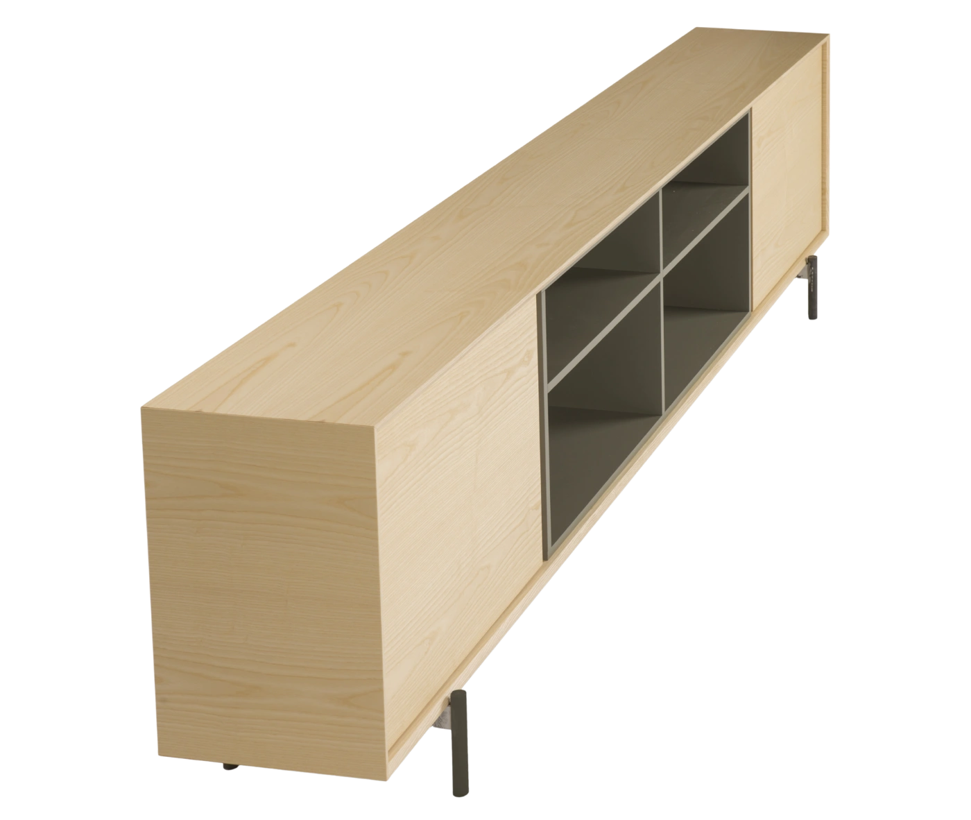 True Blade low storage cabinet, side view with light timber frame, open shelving, and slim metal legs.