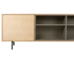 Close-up of True Blade low storage cabinet with light timber frame, open shelving, and slim metal legs.