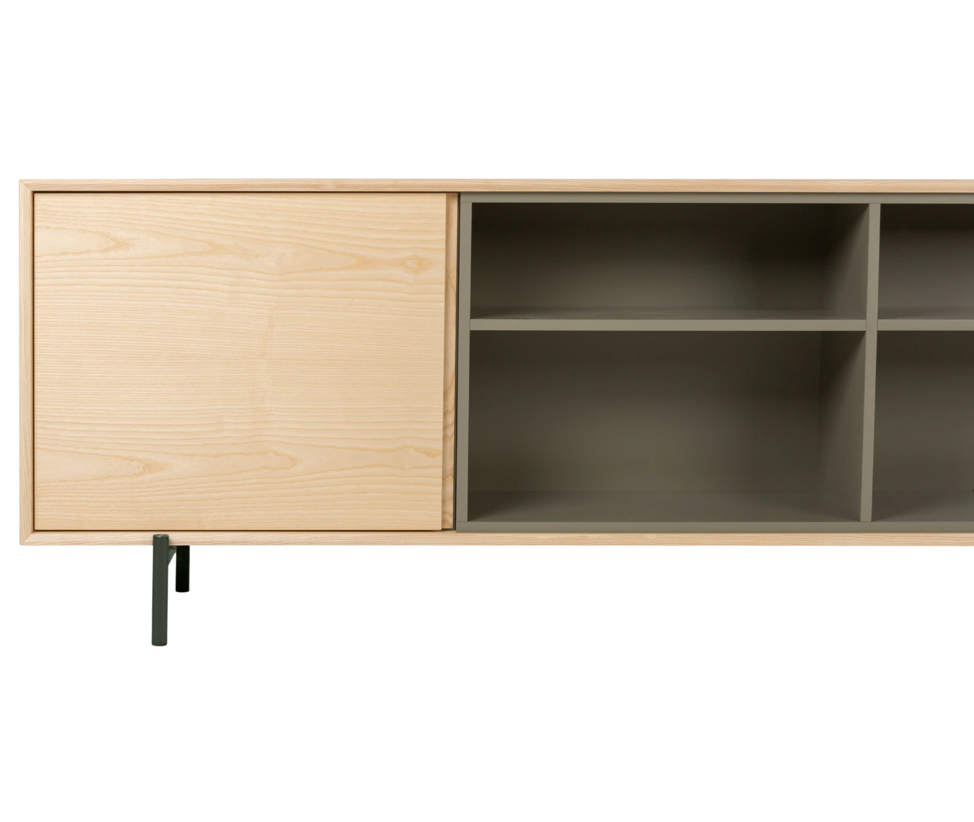 Close-up of True Blade low storage cabinet with light timber frame, open shelving, and slim metal legs.
