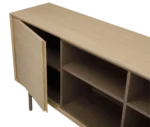 True Blade low storage cabinet, close-up view with light timber frame, open shelving, and slim metal legs.