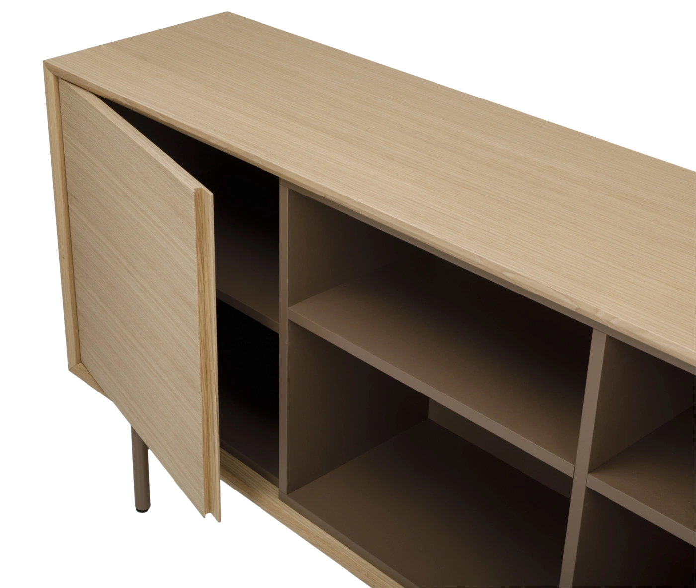 True Blade low storage cabinet, close-up view with light timber frame, open shelving, and slim metal legs.