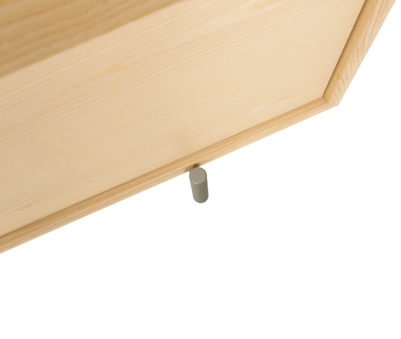 Detail of True Blade low storage cabinet with light timber frame and slim metal legs.