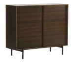 True Blade cupboard, front-right view with dark timber finish and slim metal legs.