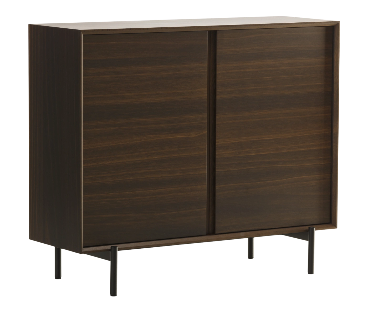 True Blade cupboard, front-right view with dark timber finish and slim metal legs.