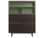 True Blade storage cabinets, front view with dark timber finish, slim metal legs, and open green shelving.