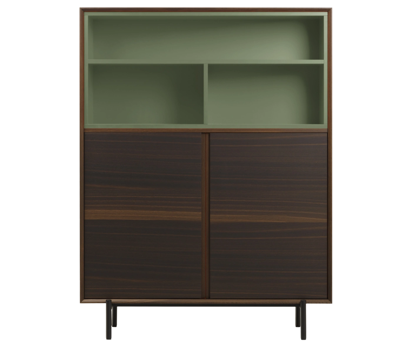 True Blade storage cabinets, front view with dark timber finish, slim metal legs, and open green shelving.