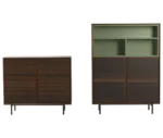 True Blade storage cabinets, front view with dark timber finish, hinge doors, slim metal legs, and open green shelving
