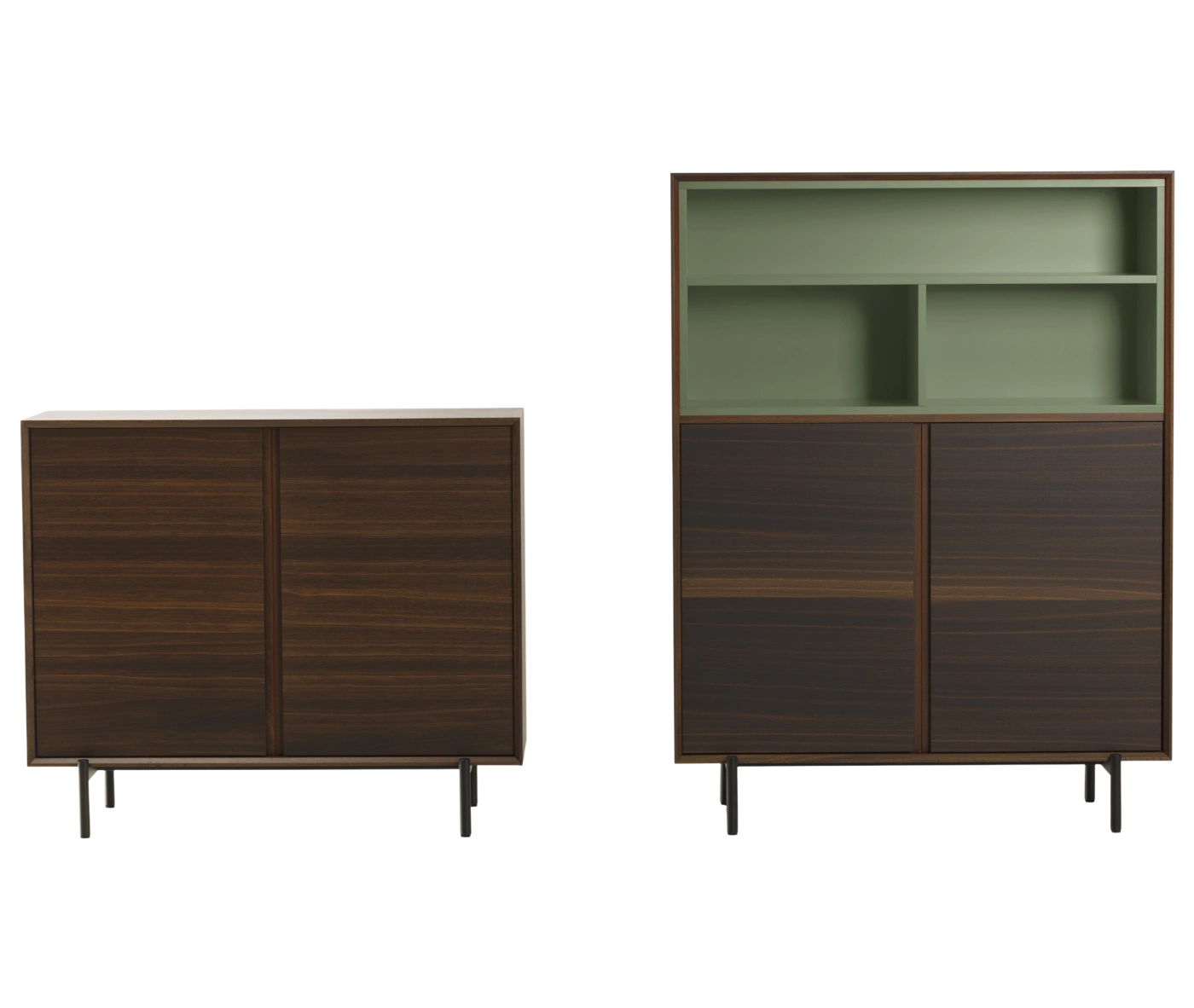True Blade storage cabinets, front view with dark timber finish, hinge doors, slim metal legs, and open green shelving