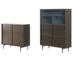 True Blade storage cabinets, angled view with dark timber finish, hinge doors, slim metal legs, and open blue shelving