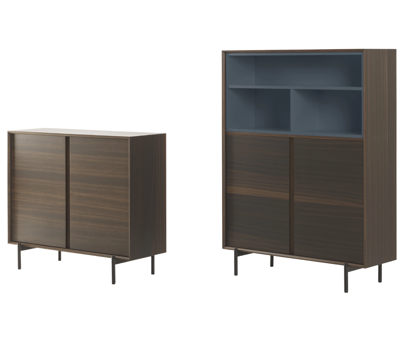 True Blade storage cabinets, angled view with dark timber finish, hinge doors, slim metal legs, and open blue shelving