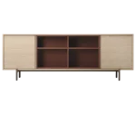 True Blade low storage cabinet, front view with light timber frame, open shelving, and slim metal legs.