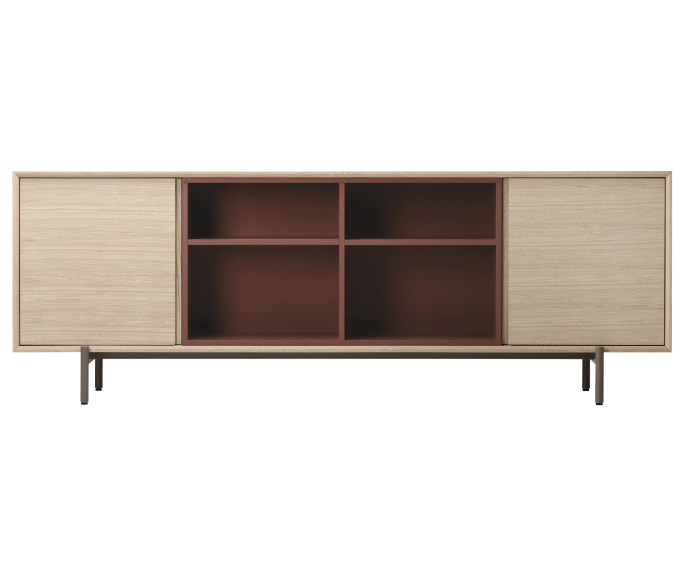 True Blade low storage cabinet, front view with light timber frame, open shelving, and slim metal legs.