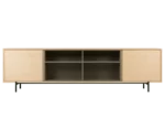 True Blade low storage cabinet, front view with light timber frame, open olive green shelving, and slim metal legs.