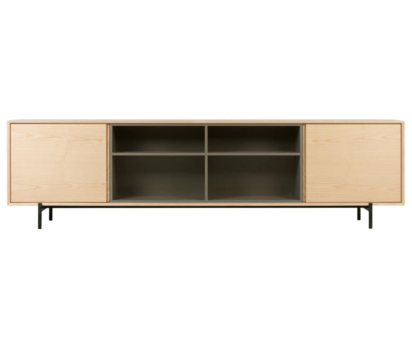 True Blade low storage cabinet, front view with light timber frame, open olive green shelving, and slim metal legs.