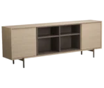 True Blade low storage cabinet, front-right view with light timber frame, open shelving, and slim metal legs.