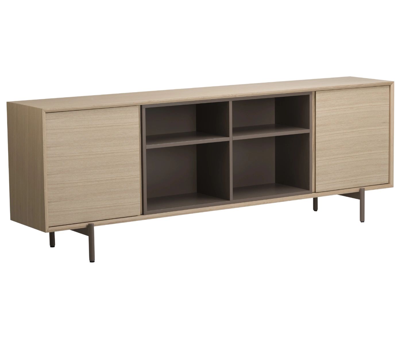 True Blade low storage cabinet, front-right view with light timber frame, open shelving, and slim metal legs.