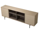 True Blade low storage cabinet, front-left view with light timber frame, open shelving, and slim metal legs.
