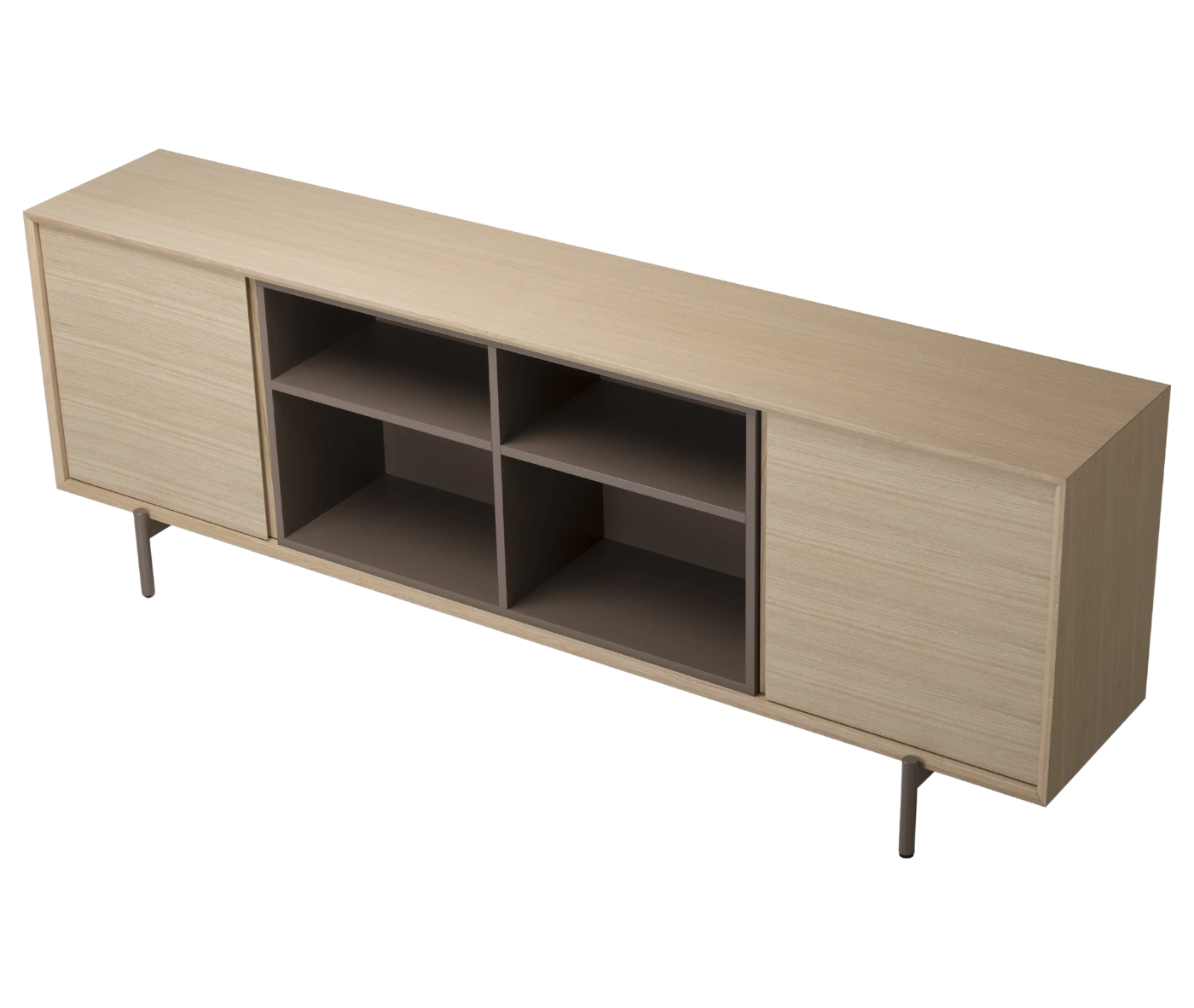 True Blade low storage cabinet, front-left view with light timber frame, open shelving, and slim metal legs.