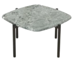 True Blade coffee table, angled view with a square grey marble top and dark steel legs.