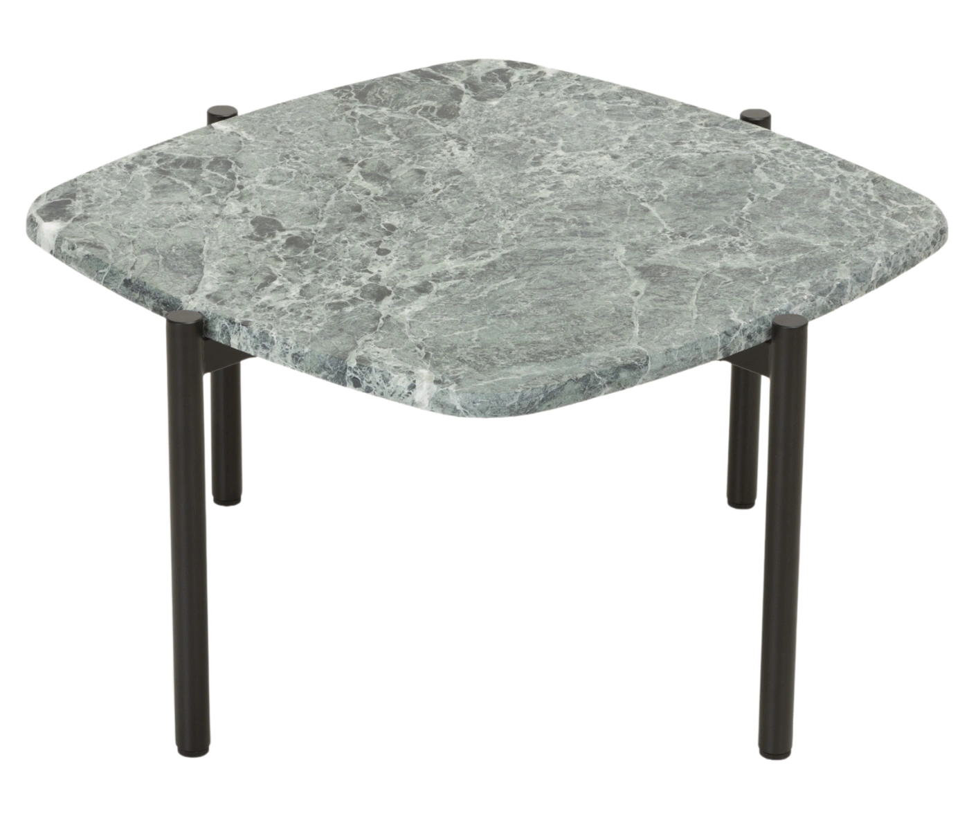 True Blade coffee table, angled view with a square grey marble top and dark steel legs.