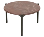 True Blade coffee table, top view with a rounded red marble top and slim metal legs.