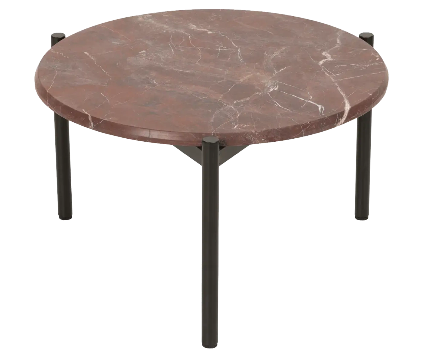 True Blade coffee table, top view with a rounded red marble top and slim metal legs.